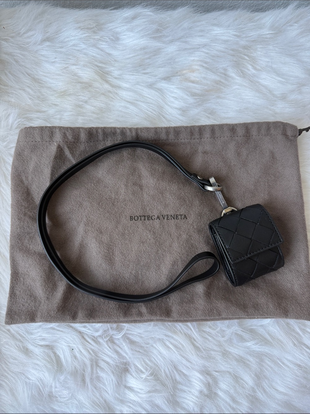 Bottega Veneta Intrecciato Black Leather Ear Bud Case with Strap